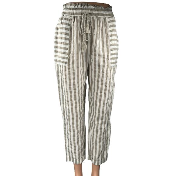 Zara Beige White Striped Tassel Tie High Waisted Tapered Trouser Pants Size M - Picture 1 of 5